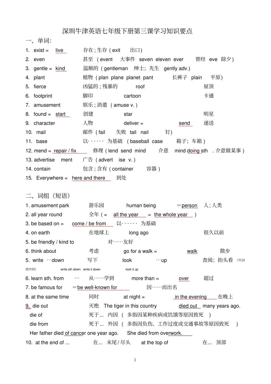 完整深圳牛津英语七年级下册第三课学习知识要点1_第1页