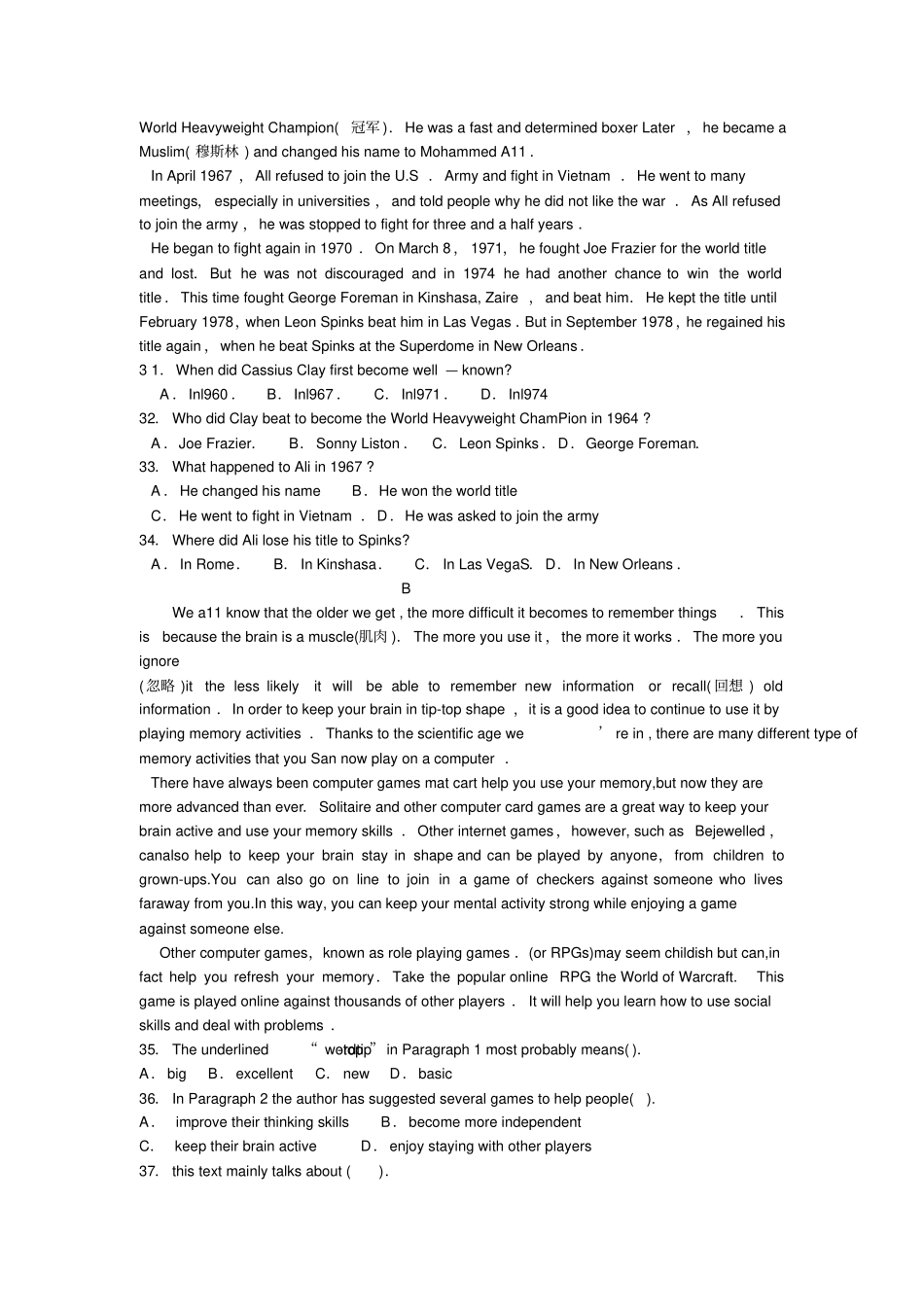 完整版,2009年全国普通高等学校运动训练与民族传统体育英语试卷及答案_第3页