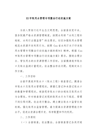 XX市取用水管理专项整治行动实施方案