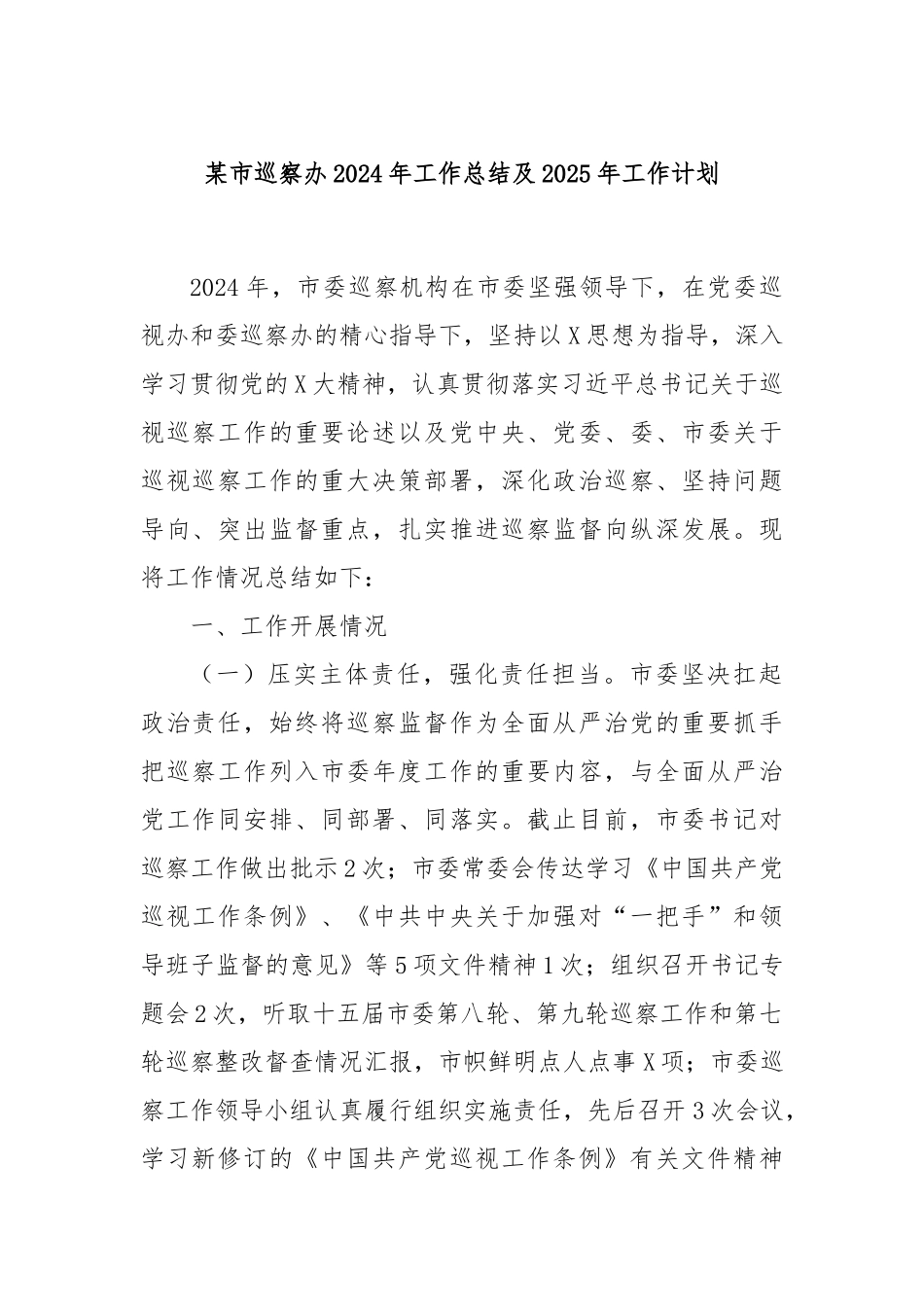 某市巡察办2024年工作总结及2025年工作计划_第1页