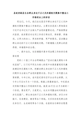 县政府副县长在群众身边不正之风和腐败问题集中整治工作推进会上的讲话
