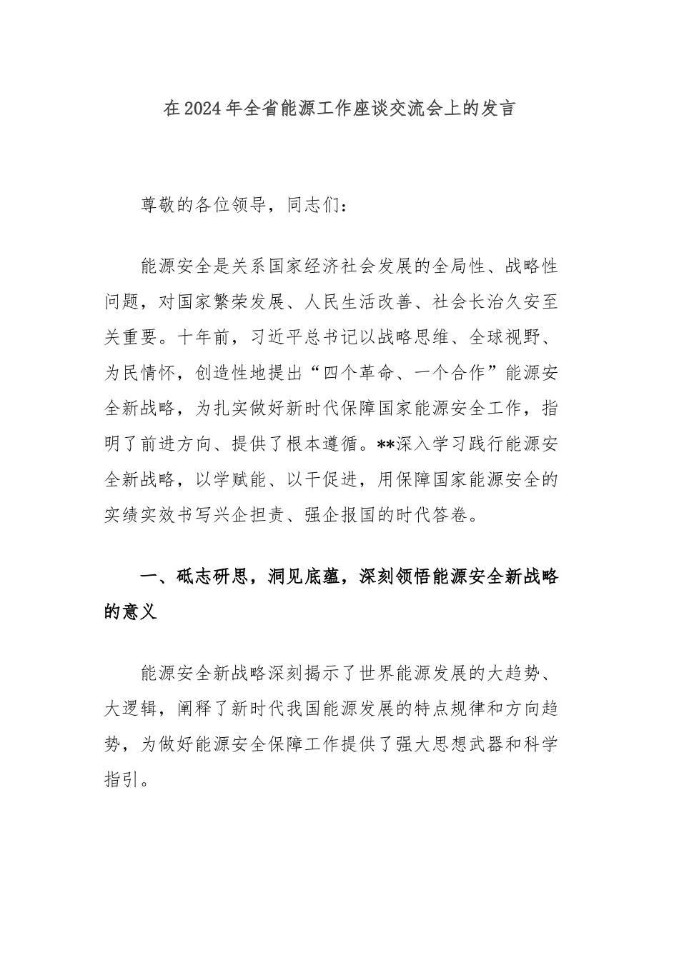 在2024年全省能源工作座谈交流会上的发言_第1页