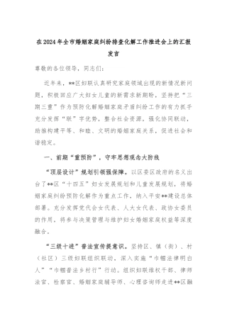 在2024年全市婚姻家庭纠纷排查化解工作推进会上的汇报发言