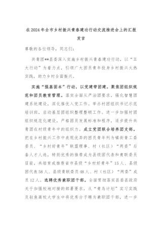 在2024年全市乡村振兴青春建功行动交流推进会上的汇报发言