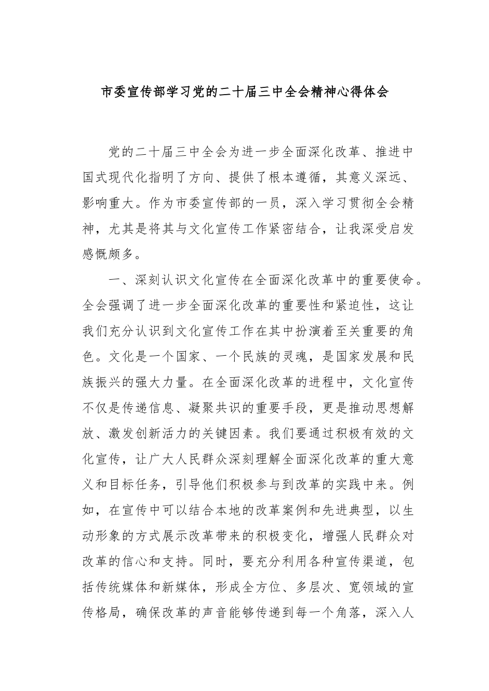 市委宣传部学习党的二十届三中全会精神心得体会_第1页
