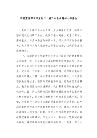 市委宣传部学习党的二十届三中全会精神心得体会