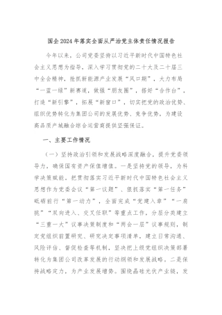 国企2024年落实全面从严治党主体责任情况报告