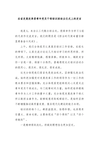 在省发展改革委青年党员干部培训班结业仪式上的发言