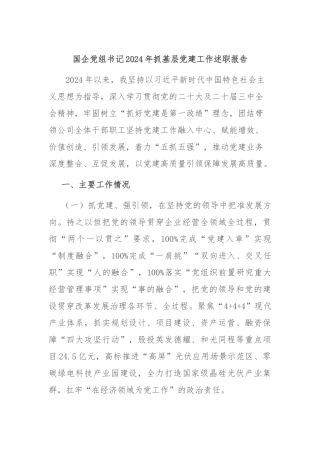 国企党组书记2024年抓基层党建工作述职报告