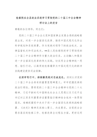 检察院在全县政法系统学习贯彻党的二十届三中全会精神研讨会上的发言