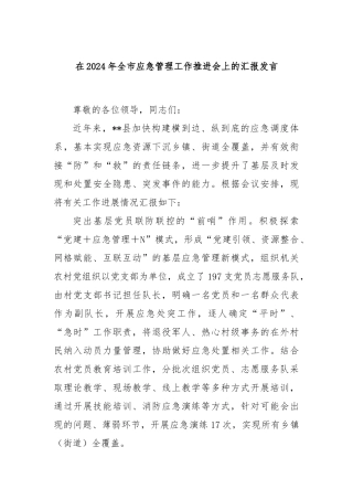 在2024年全市应急管理工作推进会上的汇报发言