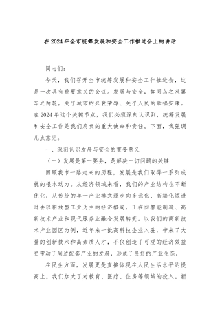 在2024年全市统筹发展和安全工作推进会上的讲话