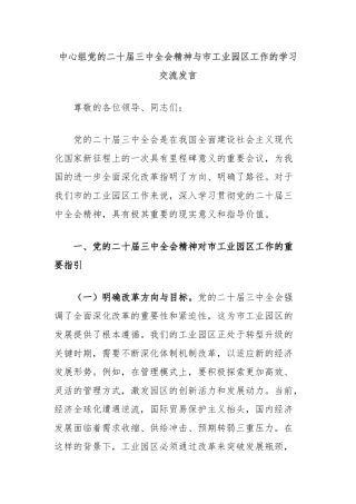 中心组党的二十届三中全会精神与市工业园区工作的学习交流发言