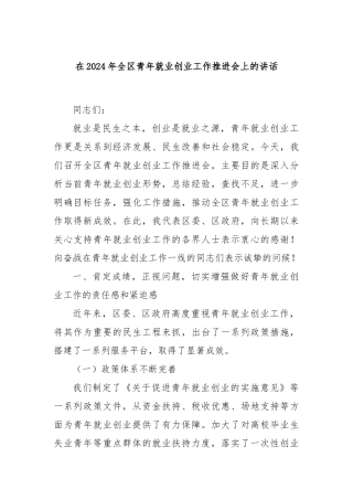 在2024年全区青年就业创业工作推进会上的讲话