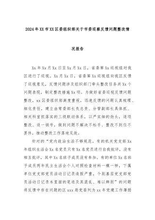 2024年XX市XX区委组织部关于市委巡察反馈问题整改情况报告