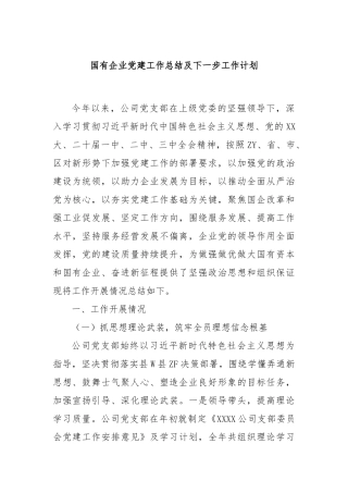 国有企业党建工作总结及下一步工作计划