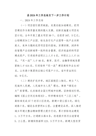 县2024年工作总结及下一步工作计划