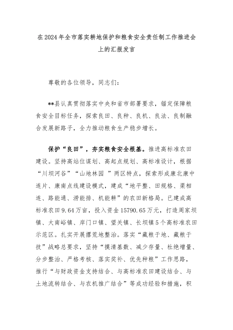 在2024年全市落实耕地保护和粮食安全责任制工作推进会上的汇报发言_第1页