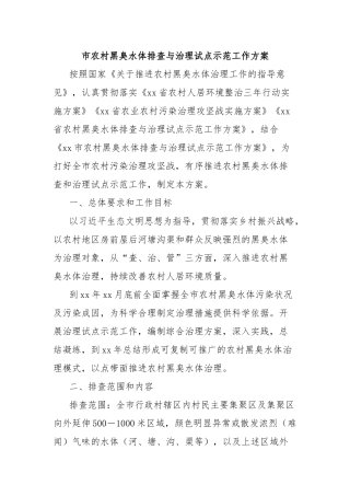 市农村黑臭水体排查与治理试点示范工作方案