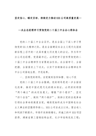坚定信心、瞄定目标、持续发力推动XXX公司高质量发展——央企总经理学习贯彻党的二十届三中全会心得体会