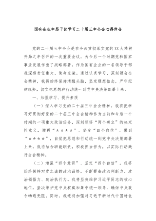 国有企业中层干部学习二十届三中全会心得体会