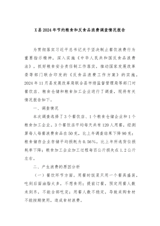 X县2024年节约粮食和反食品浪费调查情况报告