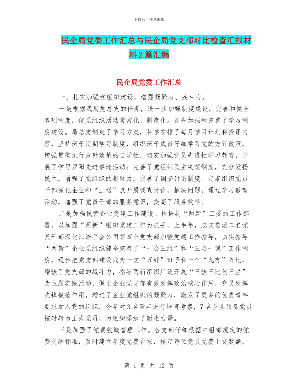 民企局党委工作汇总与民企局党支部对照检查汇报材料2篇汇编_第1页