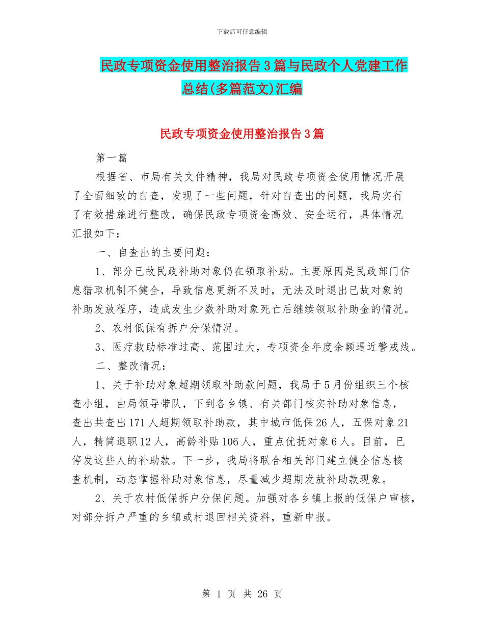民政专项资金使用整治报告3篇与民政个人党建工作总结汇编_第1页