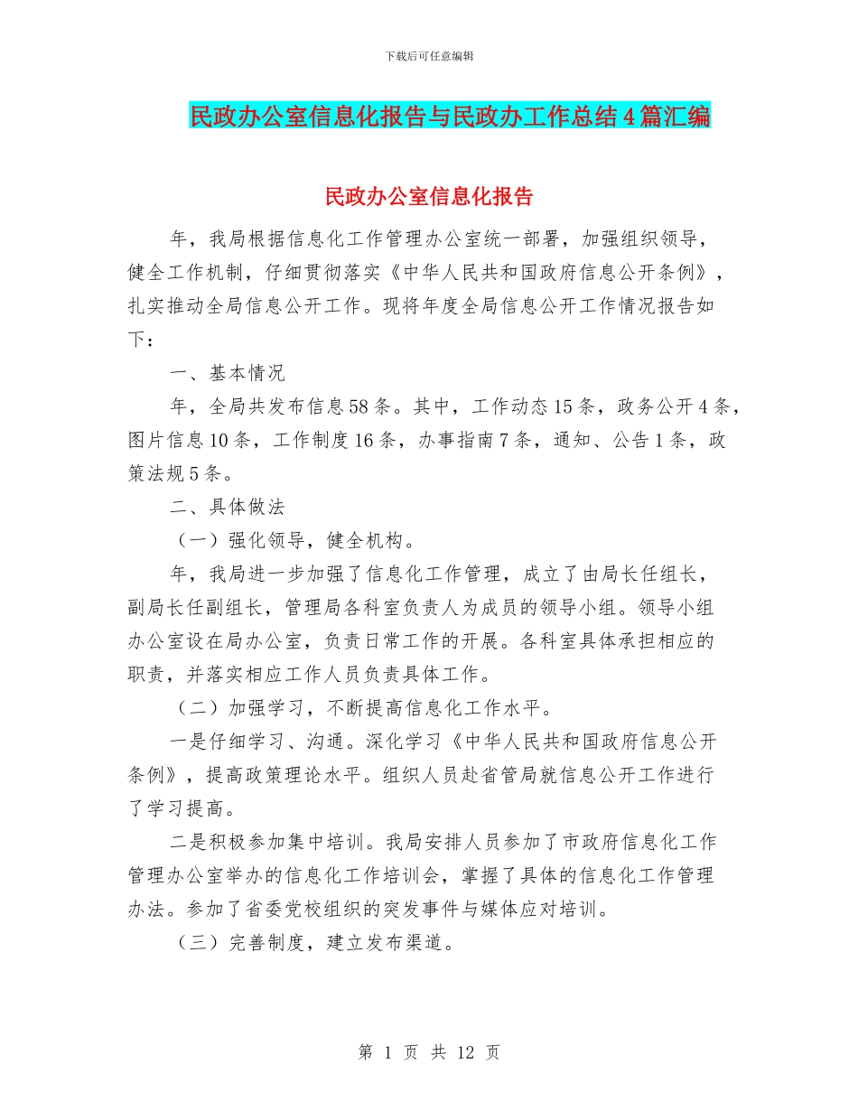 民政办公室信息化报告与民政办工作总结4篇汇编_第1页