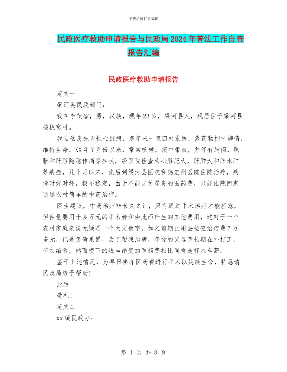 民政医疗救助申请报告与民政局2024年普法工作自查报告汇编_第1页