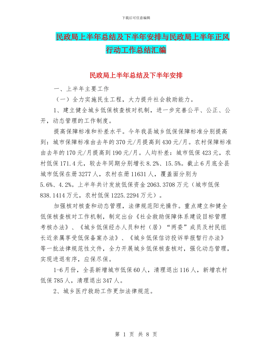 民政局上半年总结及下半年安排与民政局上半年正风行动工作总结汇编_第1页
