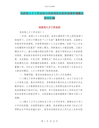 民政局人才工作总结与民政局优化经济发展环境整改报告汇编