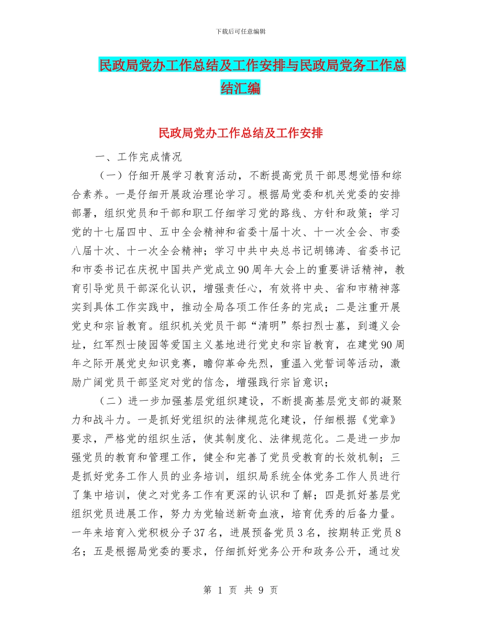 民政局党办工作总结及工作安排与民政局党务工作总结汇编_第1页