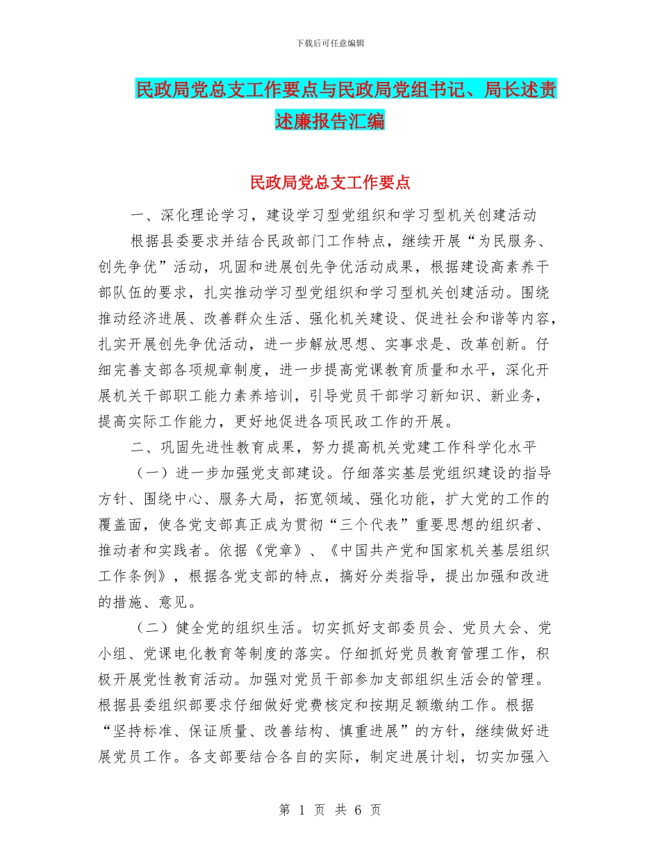 民政局党总支工作要点与民政局党组书记、局长述责述廉报告汇编_第1页