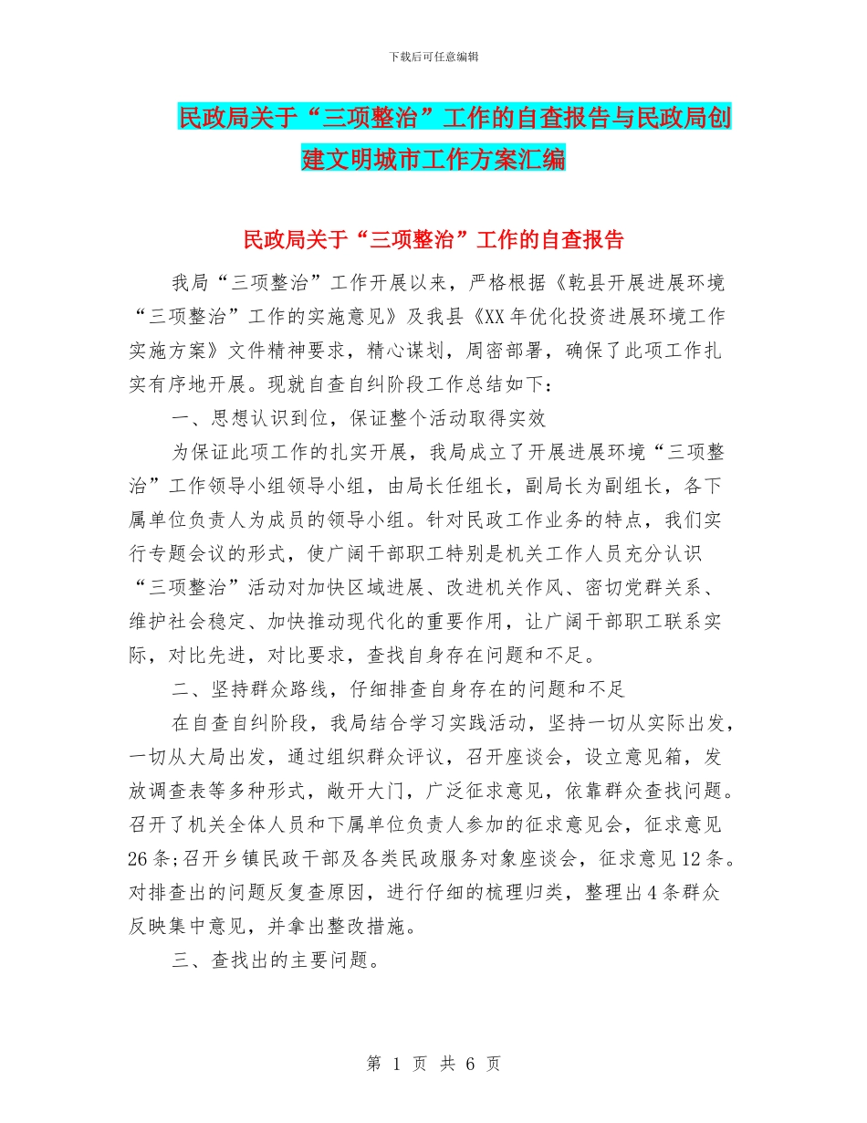 民政局关于“三项整治”工作的自查报告与民政局创建文明城市工作方案汇编_第1页