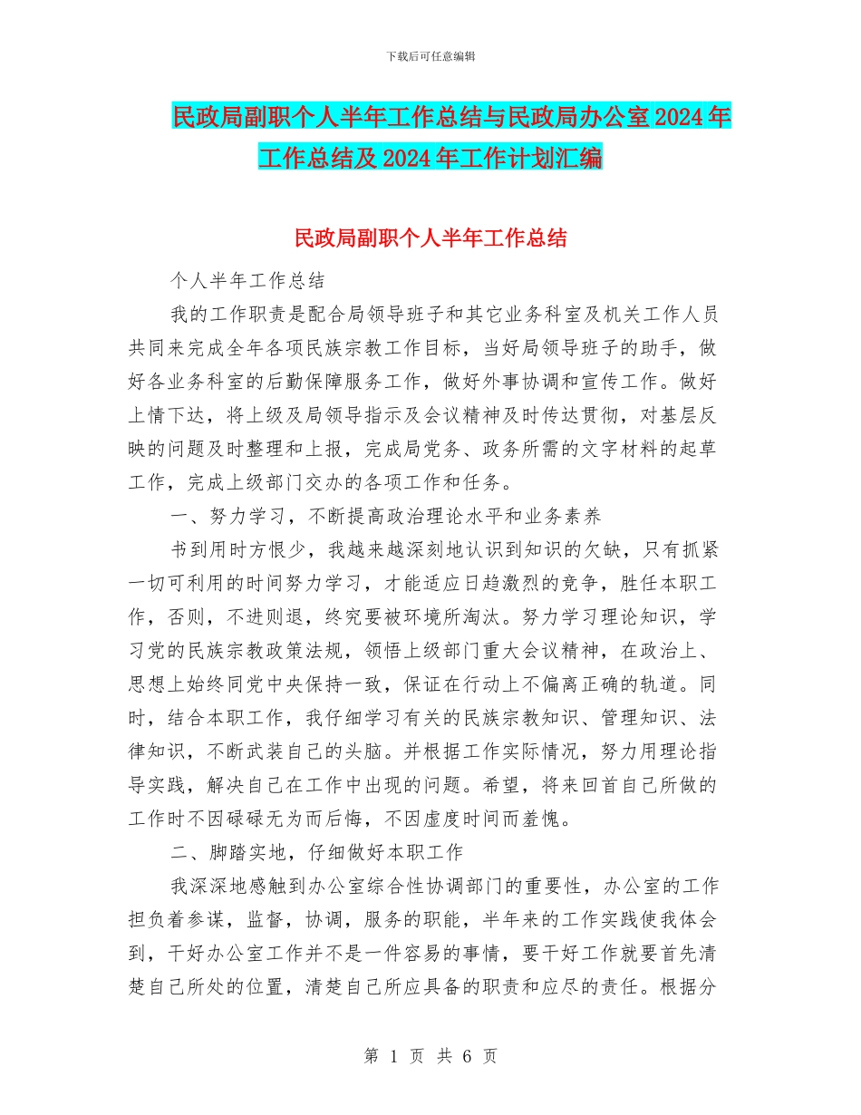 民政局副职个人半年工作总结与民政局办公室2024年工作总结及2024年工作计划汇编_第1页