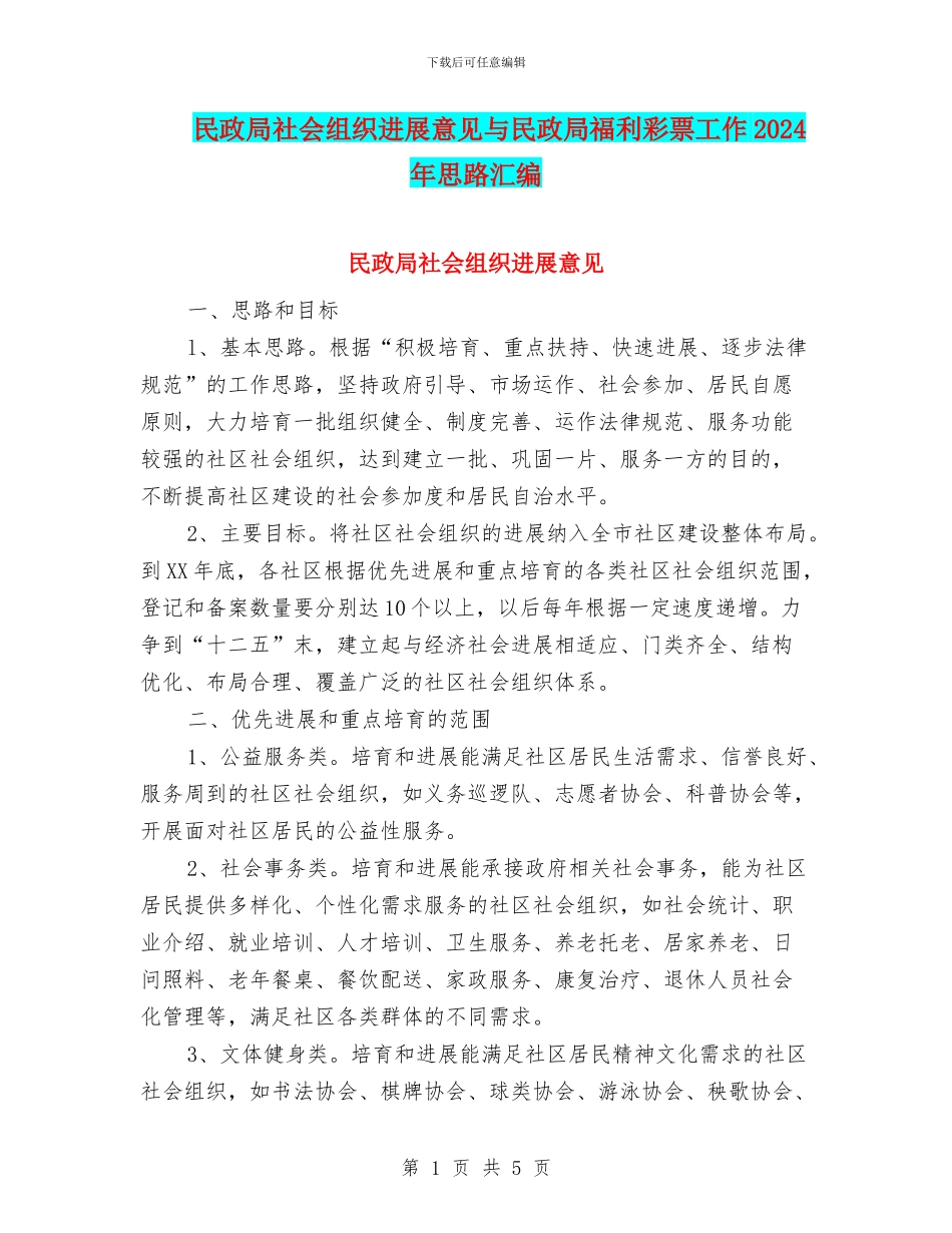 民政局社会组织发展意见与民政局福利彩票工作2024年思路汇编_第1页