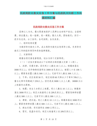 民政局防灾救灾应急工作方案与民政机关妇联工作交流材料汇编