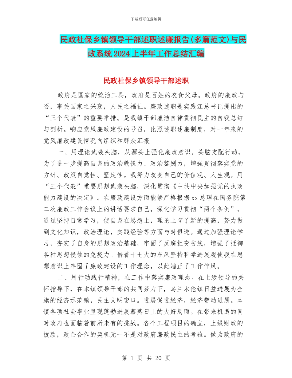 民政社保乡镇领导干部述职述廉报告与民政系统2024上半年工作总结汇编_第1页
