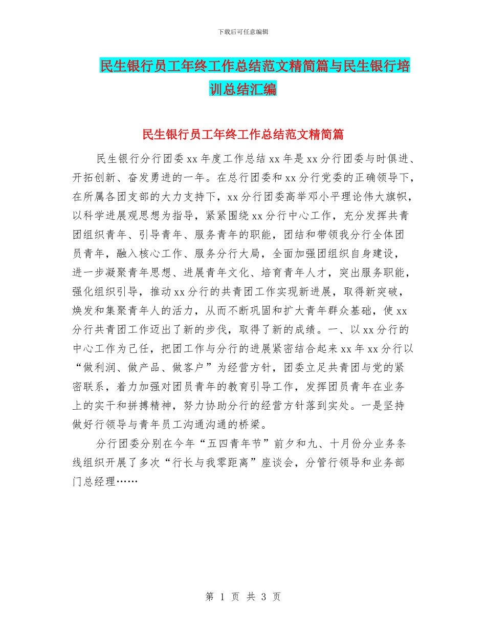 民生银行员工年终工作总结范文精简篇与民生银行培训总结汇编_第1页