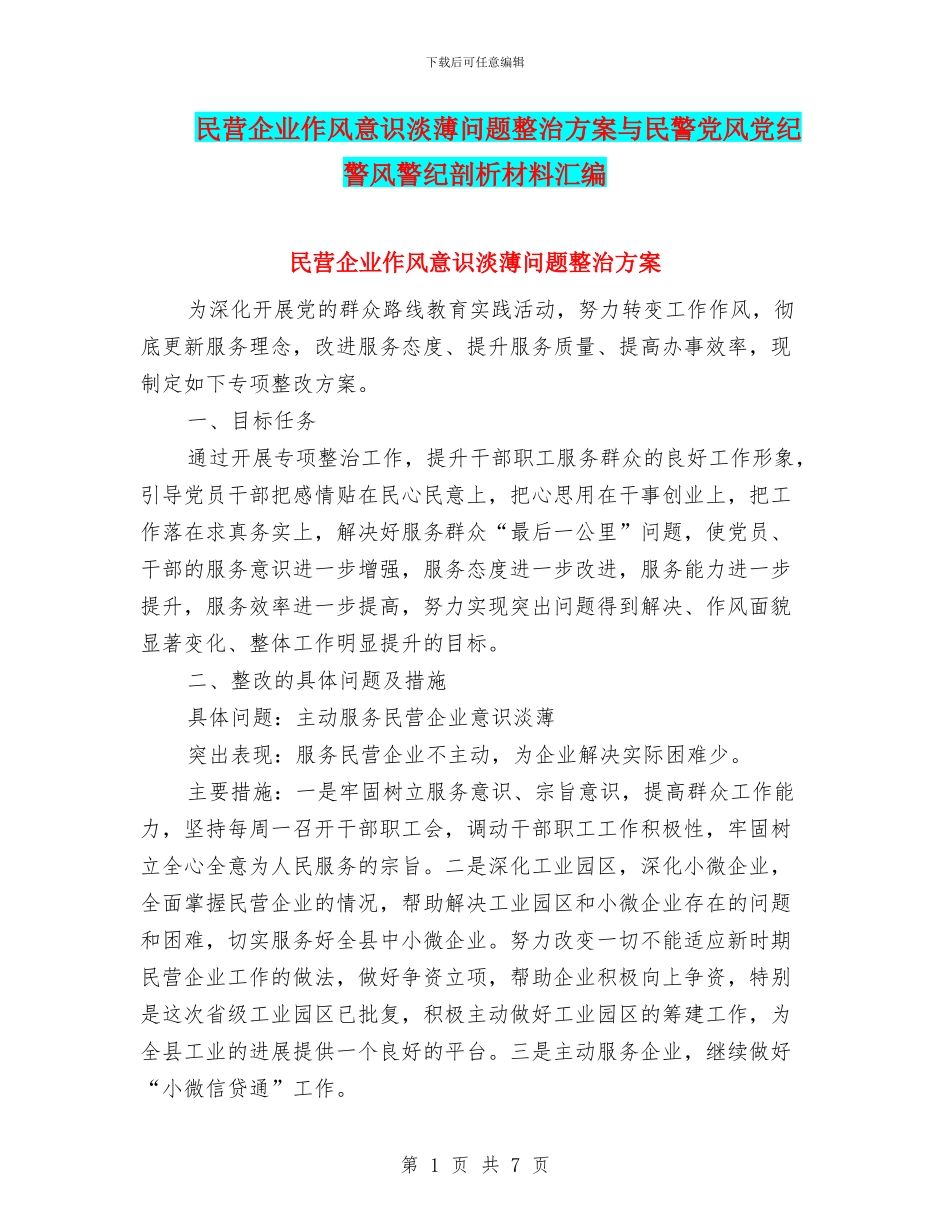 民营企业作风意识淡薄问题整治方案与民警党风党纪警风警纪剖析材料汇编_第1页