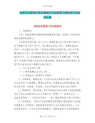 民营企业管理工作自查报告与民营党工委年终工作总结汇编
