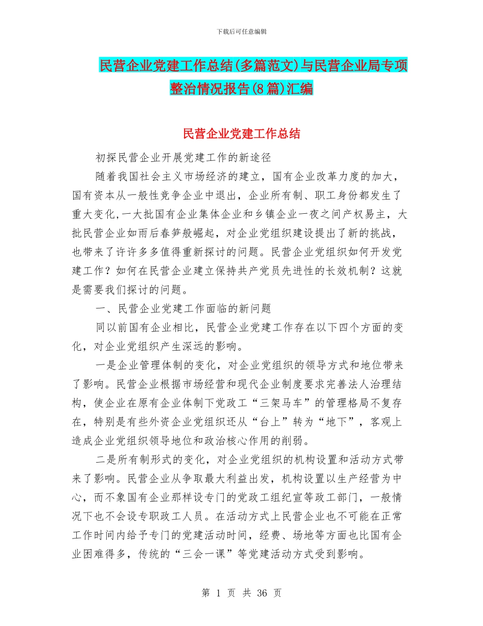 民营企业党建工作总结与民营企业局专项整治情况报告(8篇)汇编_第1页