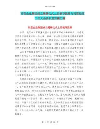 民营企业集团成立揭牌仪式上的领导致辞与民营经济工作大会县长发言稿汇编