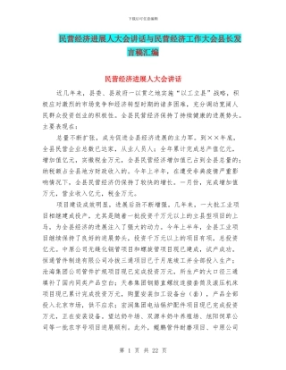 民营经济发展人大会讲话与民营经济工作大会县长发言稿汇编