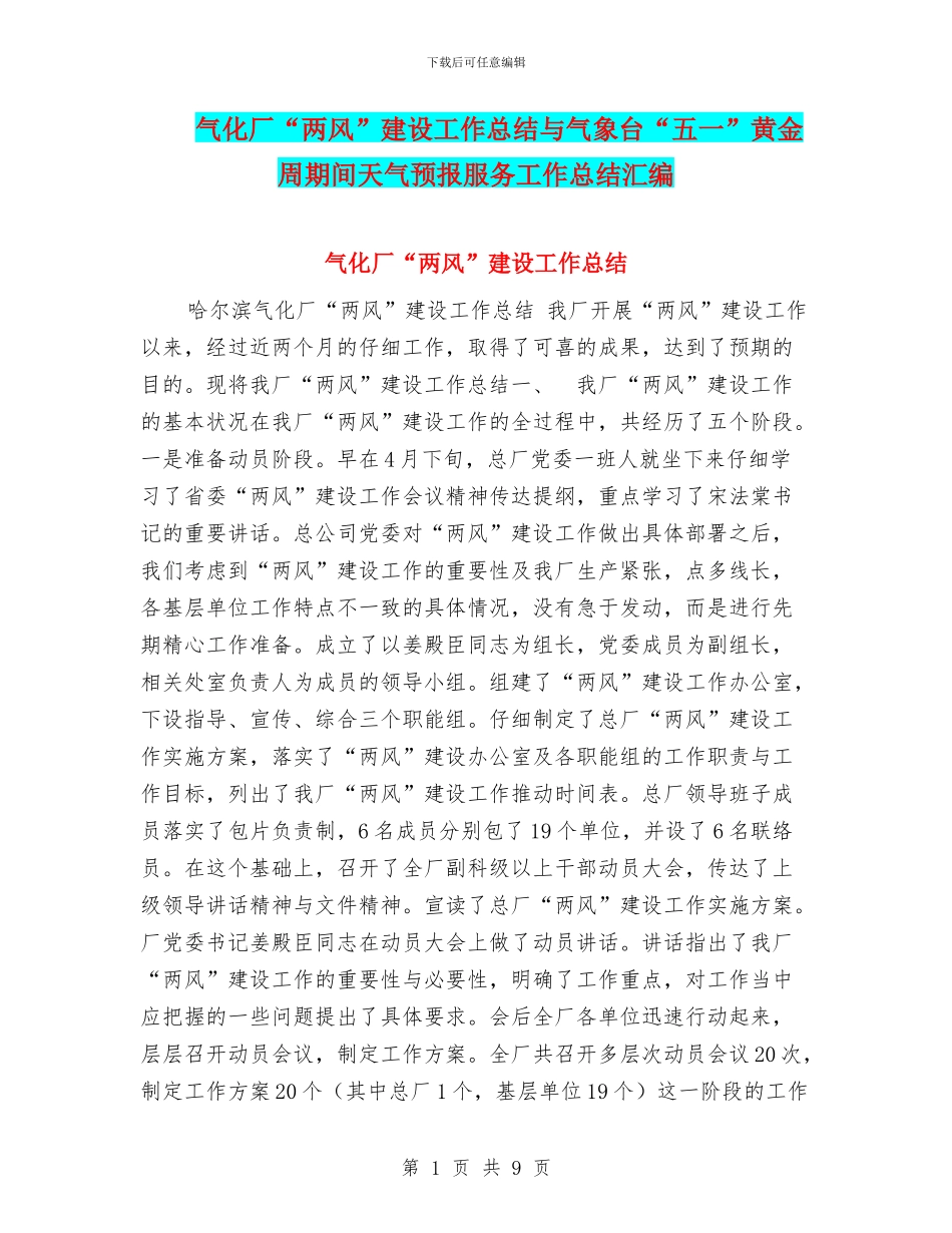气化厂“两风”建设工作总结与气象台“五一”黄金周期间天气预报服务工作总结汇编_第1页