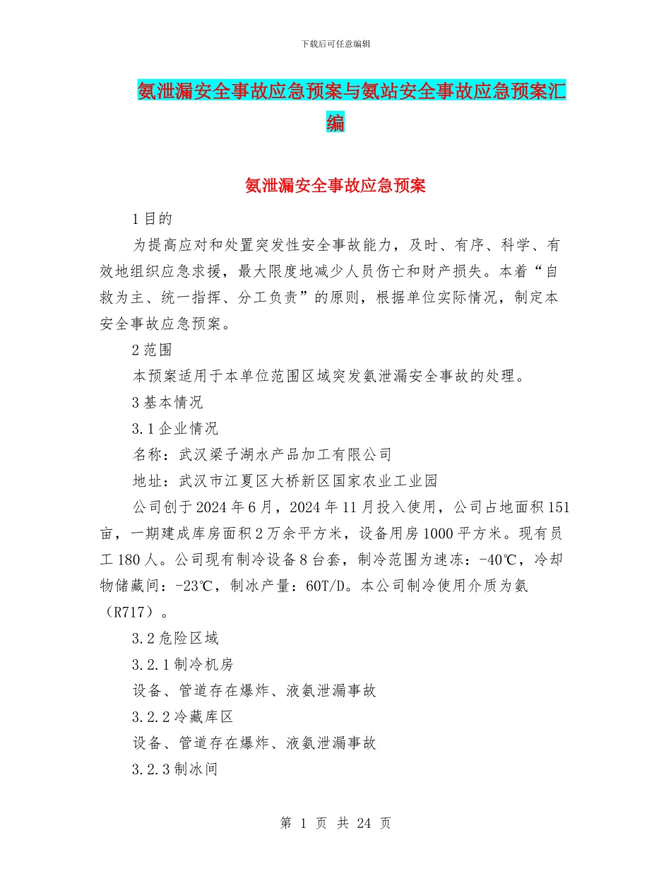 氨泄漏安全事故应急预案与氨站安全事故应急预案汇编_第1页