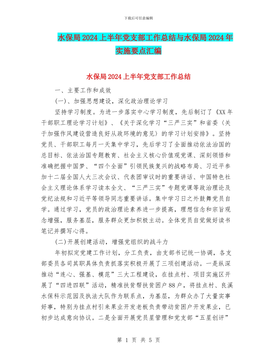 水保局2024上半年党支部工作总结与水保局2024年实施要点汇编_第1页