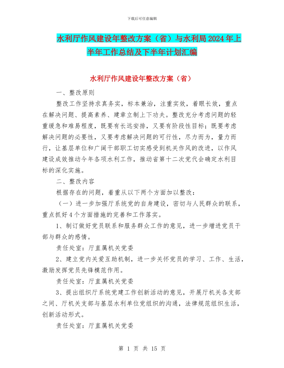 水利厅作风建设年整改方案与水利局2024年上半年工作总结及下半年计划汇编_第1页