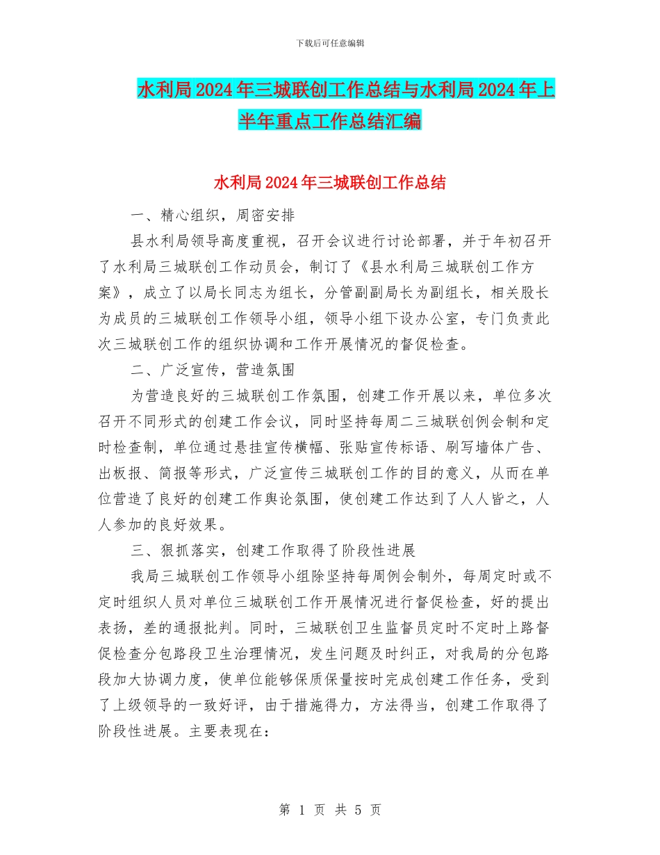 水利局2024年三城联创工作总结与水利局2024年上半年重点工作总结汇编_第1页